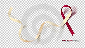 Head and Neck Cancer Awareness Month. Burgundy and Ivory Color Ribbon Isolated On Transparent Background. Vector Design Template