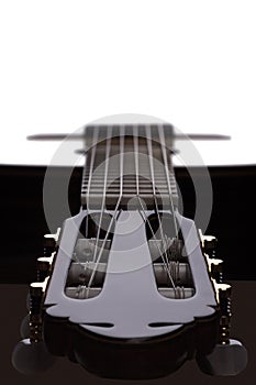 Head and neck of a classical guitar.