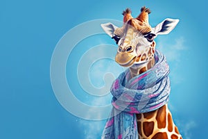 Head and neck of a cute giraffe in blue scarf on blue background