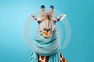 Head and neck of a cute giraffe in blue scarf on blue background