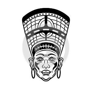 Head of nefertiti, ancient egyptian queen vector illustration in monochrome vintage style isolated on white background