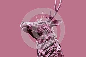 Head of a noble and beautiful and traditional british Deer Stag bronze, or alloy statue or sculpture cut out against a pale pink