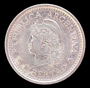 Head of one peso coin, issued by Argentina in 1959 photo