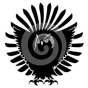 The head of an owl among feathers and with paws stylized as a coat of arms. Good for tattoo. Editable vector monochrome image with