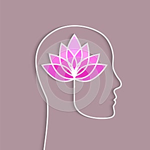 Head of a person, human mind and pink lotus flower in bloom concept