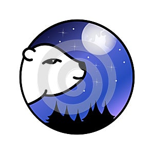 Head of polar bear looking at the full moon