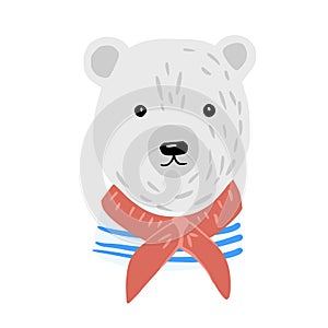 Head polar bear on white background. Cute character cabin boy in striped jacket and red scarf