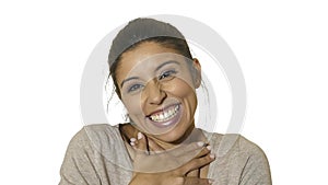 Head portrait of young crazy happy and excited hispanic woman 30s smiling cheerful and friendly isolated on white background in em