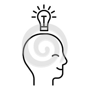 Head profile with think idea mind, line icon. Face with lightbulb. smart idea lamp symbol. Control of mind, positive