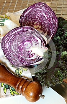 A head of purple cabbage cut in half