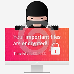Head of the ransomware. Virus encryptor message on pc screen. E