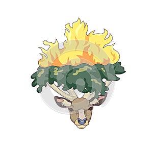 The head of Red deer with burning forest on his hoofs on white isolated background, Deer and forest fire in Cartoon style, concept
