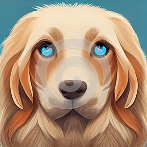 The head of a red hairy dog. Blue-eyed dog. Stylized dog head. Abstract portrait of a dog. Digital illustration. AI