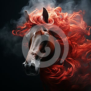 Head of a red horse with a flowing mane, portrait, close-up on black,