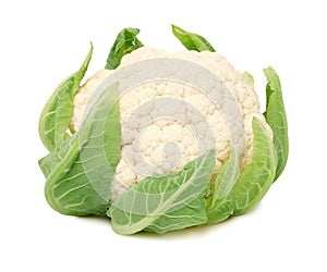 Head of ripe cauliflower with green leaves (isolated)