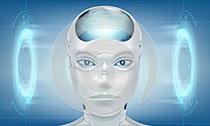 Head robot android. On modern technology background