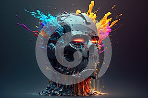 Head of a robot is exploding with splash of colours. Generative AI