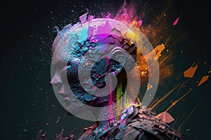 Head of a robot is exploding with splash of colours. Generative AI
