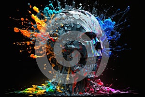 Head of a robot is exploding with splash of colours. Generative AI