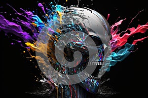 Head of a robot is exploding with splash of colours. Generative AI