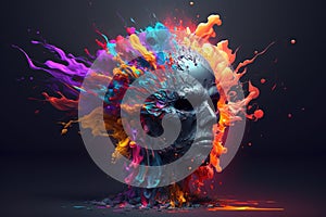 Head of a robot is exploding with splash of colours. Generative AI