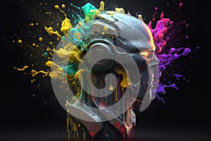 Head of a robot is exploding with splash of colours. Generative AI