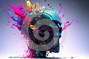 Head of a robot is exploding with splash of colours. Generative AI