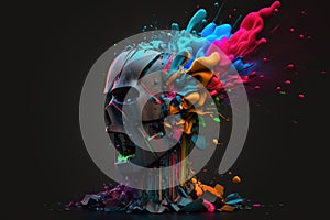 Head of a robot is exploding with splash of colours. Generative AI