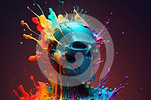 Head of a robot is exploding with splash of colours. Generative AI