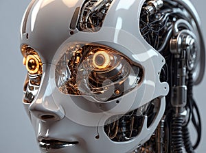 The head of a robot in profile with glowing yellow eyes on a light background, the personification of artificial intelligence