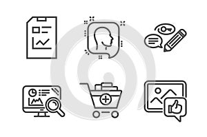 Head, Seo analytics and Add products icons set. Report document, Keywords and Like photo signs. Vector