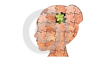 Head-shaped jigsaw puzzle with a young plant inside