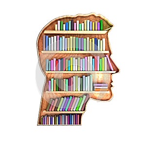 Head shaped library containing books on shelves