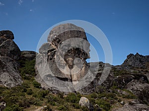 Head shaped rock formation at Marcahuasi andes plateau mountain hill valley nature landscape Lima Peru South America