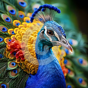 Head shot of blue peacock,close up