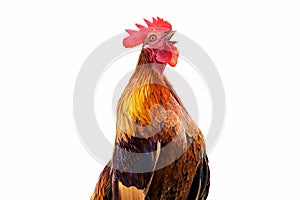 Head shot of colorful rooster crowing on white background