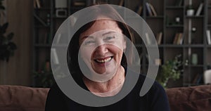 Head shot older smiling woman talking by video conference