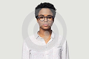 Head shot portrait beautiful young African American woman in glasses