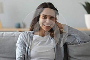 Head shot portrait beautiful young woman with healthy toothy smile