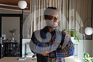 Head shot portrait of happy African American business man, leader
