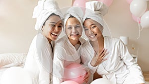 Head shot portrait happy diverse women celebrating in spa