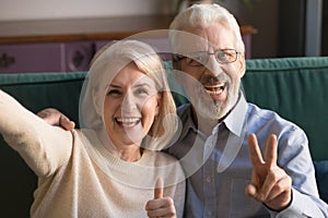 Head shot portrait happy mature man and woman taking selfie