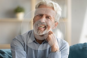 Head shot portrait of happy middle aged older retired man.