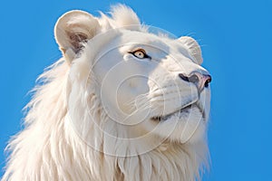 Head Shot Portrait of Majestic White Lion against Blue Sky Panthera Leo