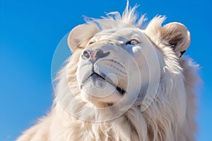 Head Shot Portrait of Majestic White Lion against Blue Sky Panthera Leo