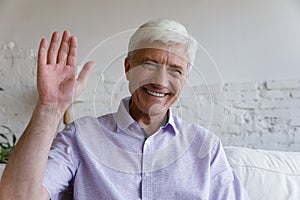 Head shot portrait senior man makes video call at home