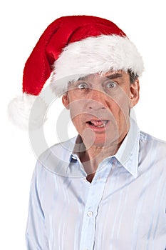 Head Shot of Shocked Man in Santa Hat