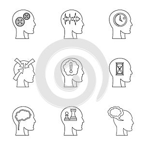 Head silhouette with gear icons set, outline style