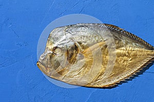 Head smoked oceanic fish vomer Selena on a light blue background. . Top view. Copy space