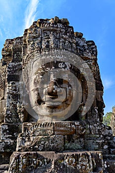 Head on Temple in Angkor Thom, smiling faces on last Khmer Temple, Siem Reap, Cambodia.